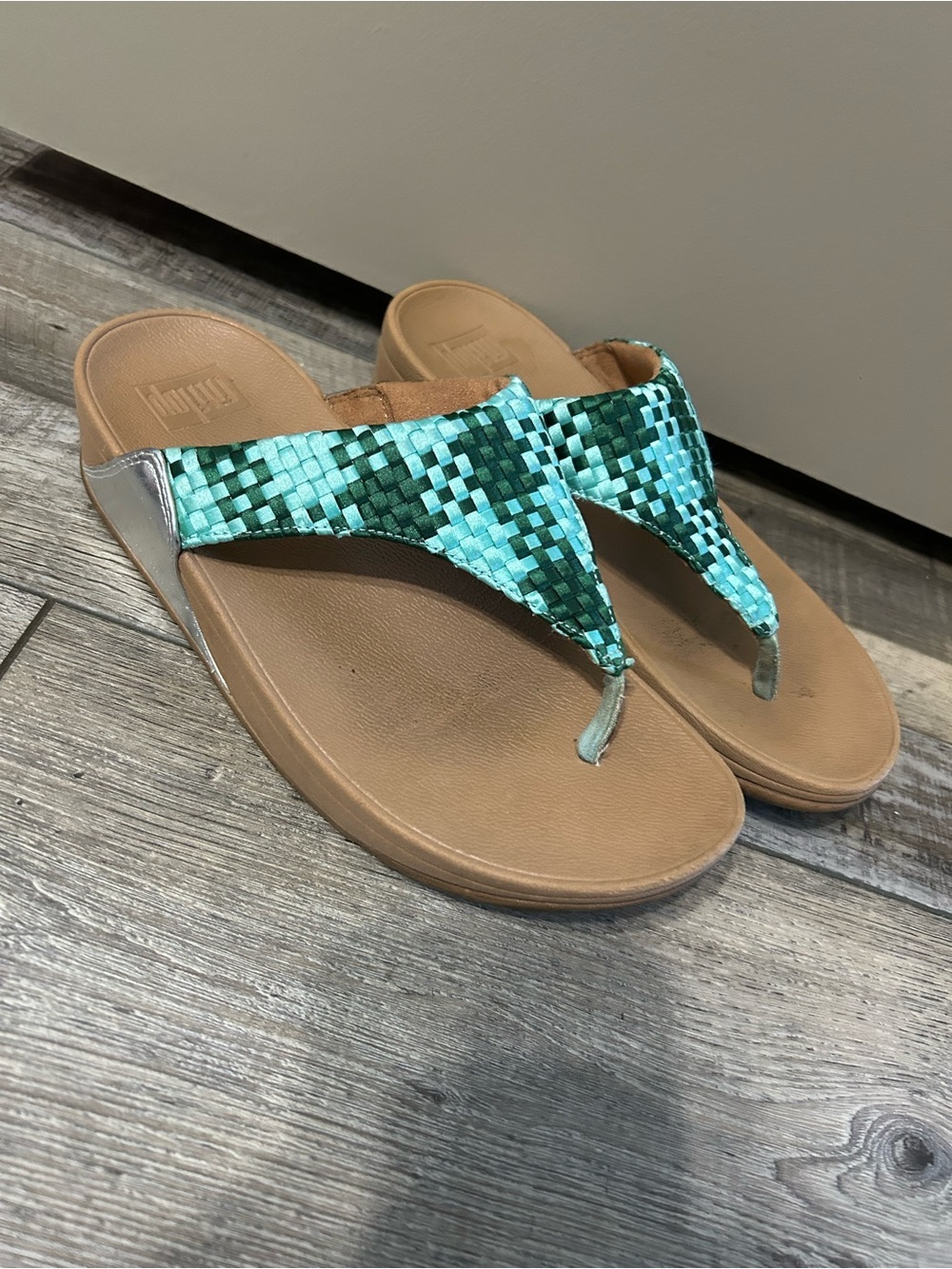 FitFlop Green Teal lulu Woven Slide Sandals platform
